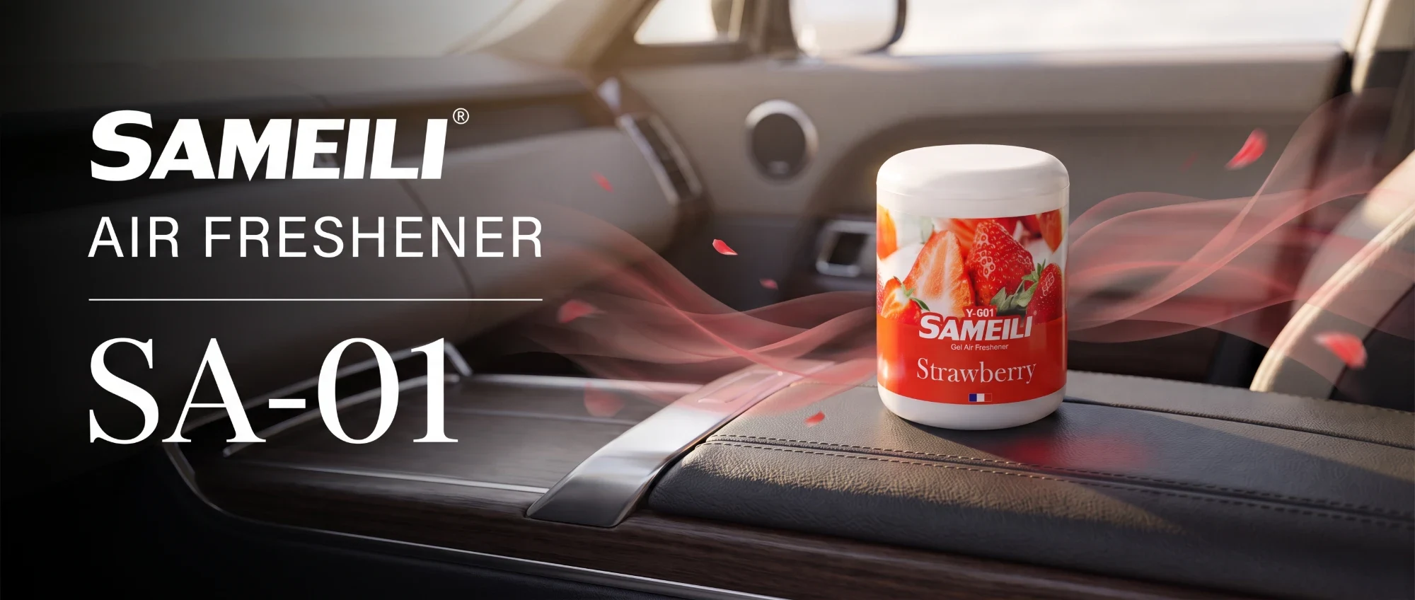 SAMEILI Air Freshener SA-01 — a Yuanqi Gel jar in Strawberry on the centre console of a car interior
