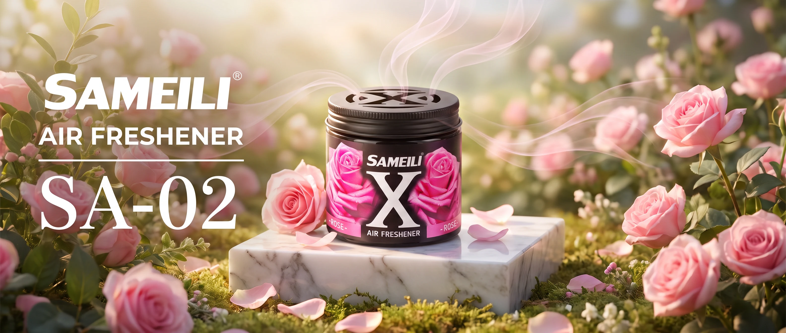 SAMEILI Air Freshener SA-02 — a SAMEILI X tin in Rose on a marble plinth in a rose garden