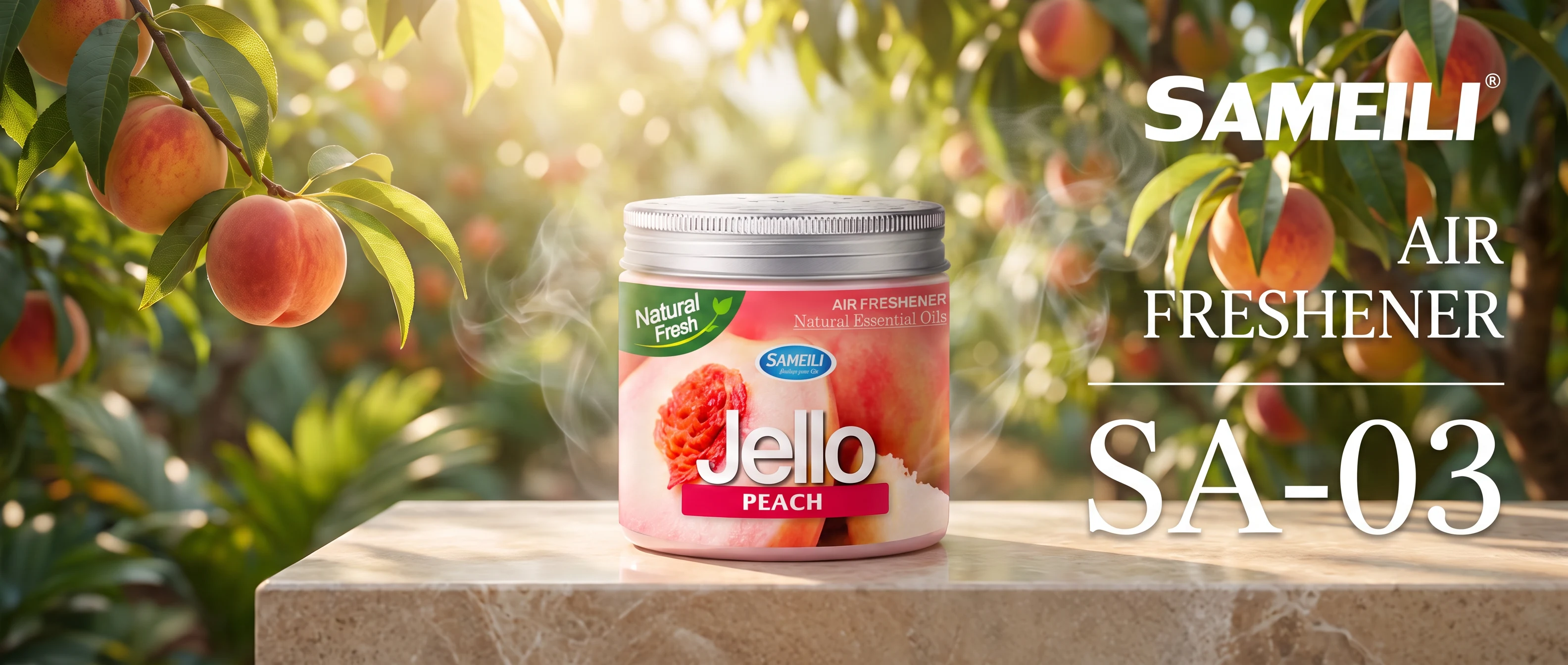 SAMEILI Air Freshener SA-03 — a Jello jar in Peach on a stone ledge in a peach orchard