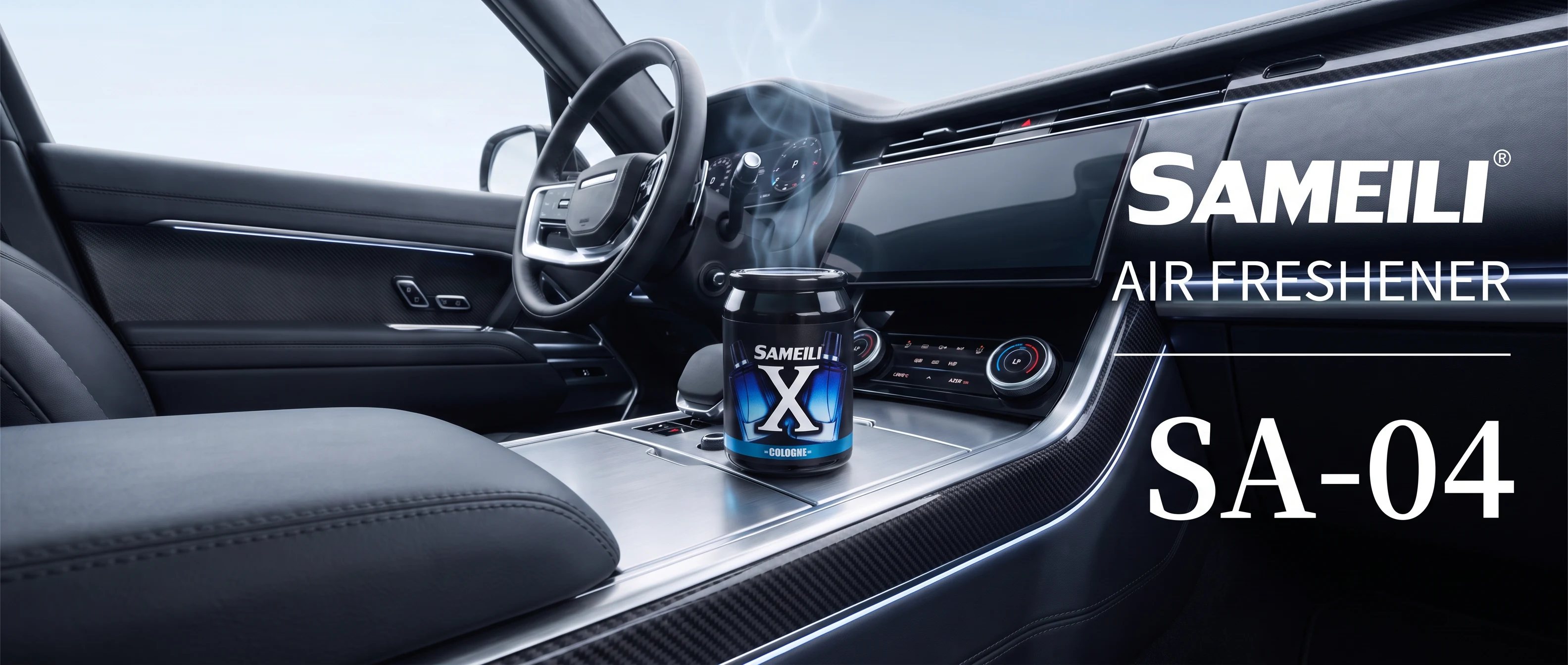 SAMEILI Air Freshener SA-04 — a SAMEILI X jar in Cologne on the centre console of a car interior