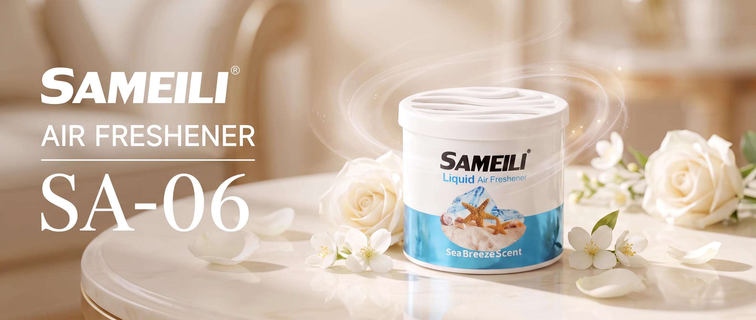 SAMEILI Air Freshener SA-06 — a Liquid Air Freshener tin in Sea Breeze on a pale table with white roses