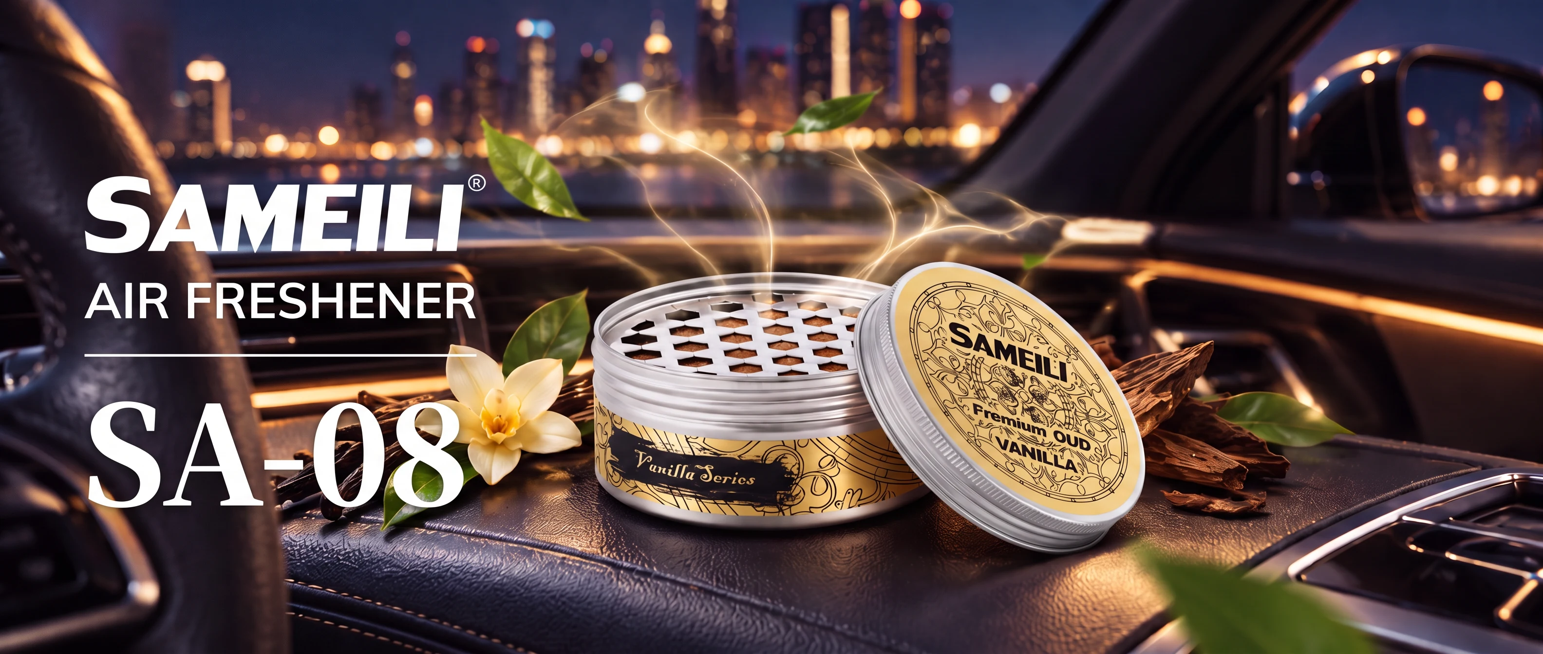 SAMEILI Air Freshener SA-08 — a Premium Oud tin in Vanilla on a car dashboard against a night skyline