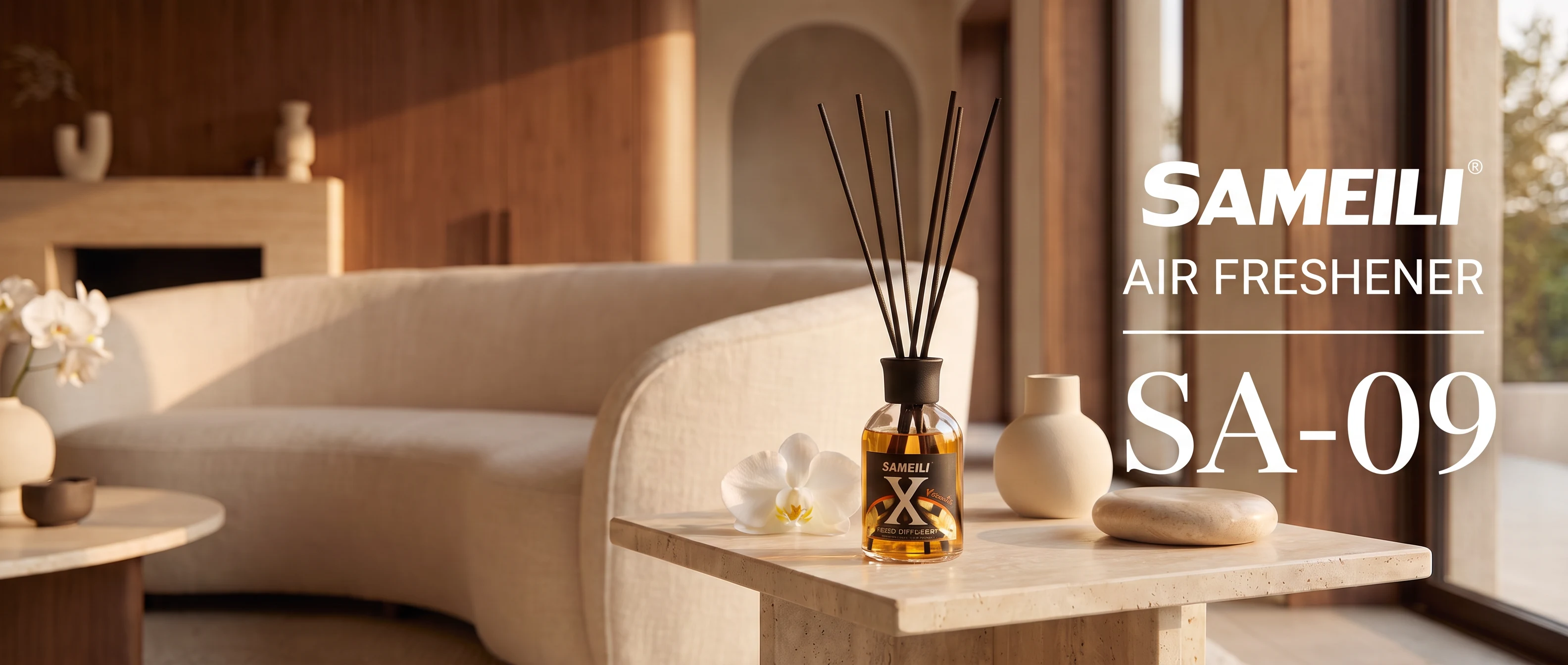 SAMEILI Air Freshener SA-09 — a reed diffuser on a travertine side table in a sunlit living room