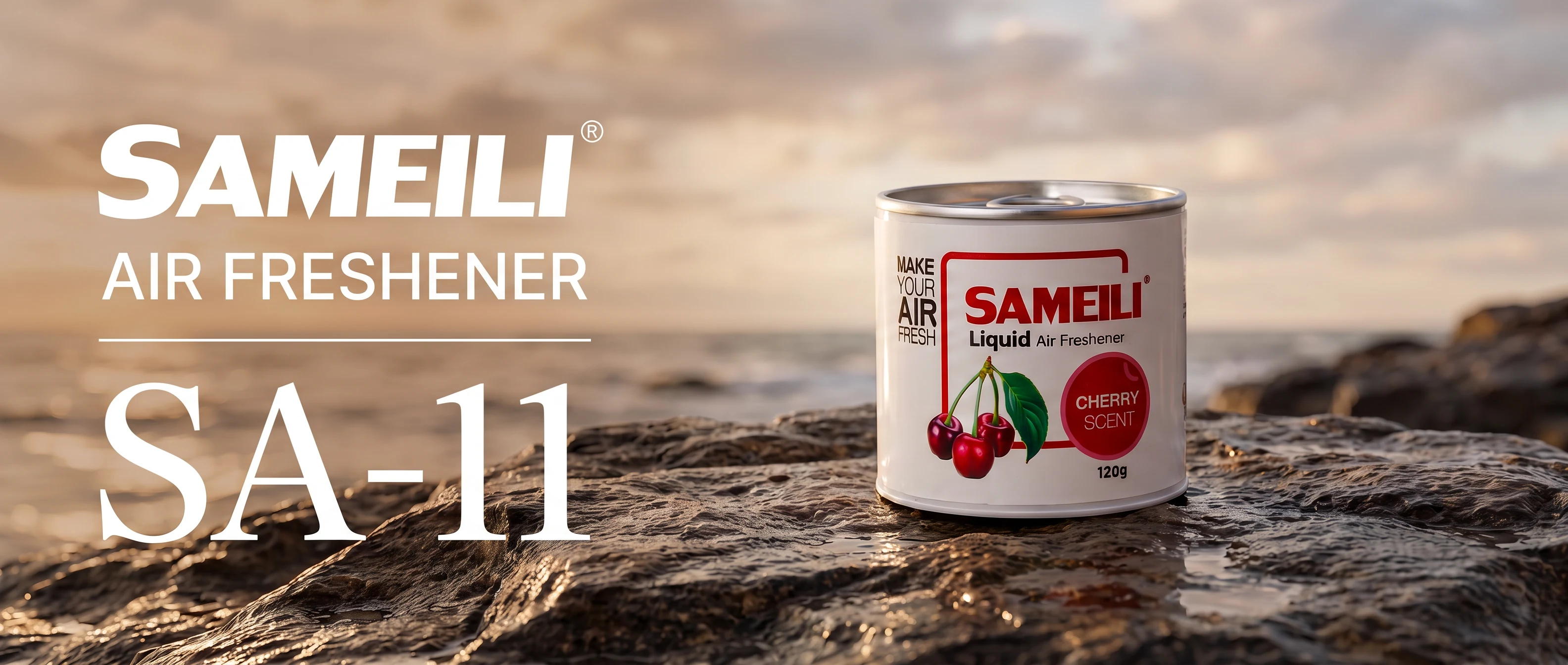 SAMEILI Air Freshener SA-11 — a Liquid Air Freshener tin in Cherry on a wet rock by the sea