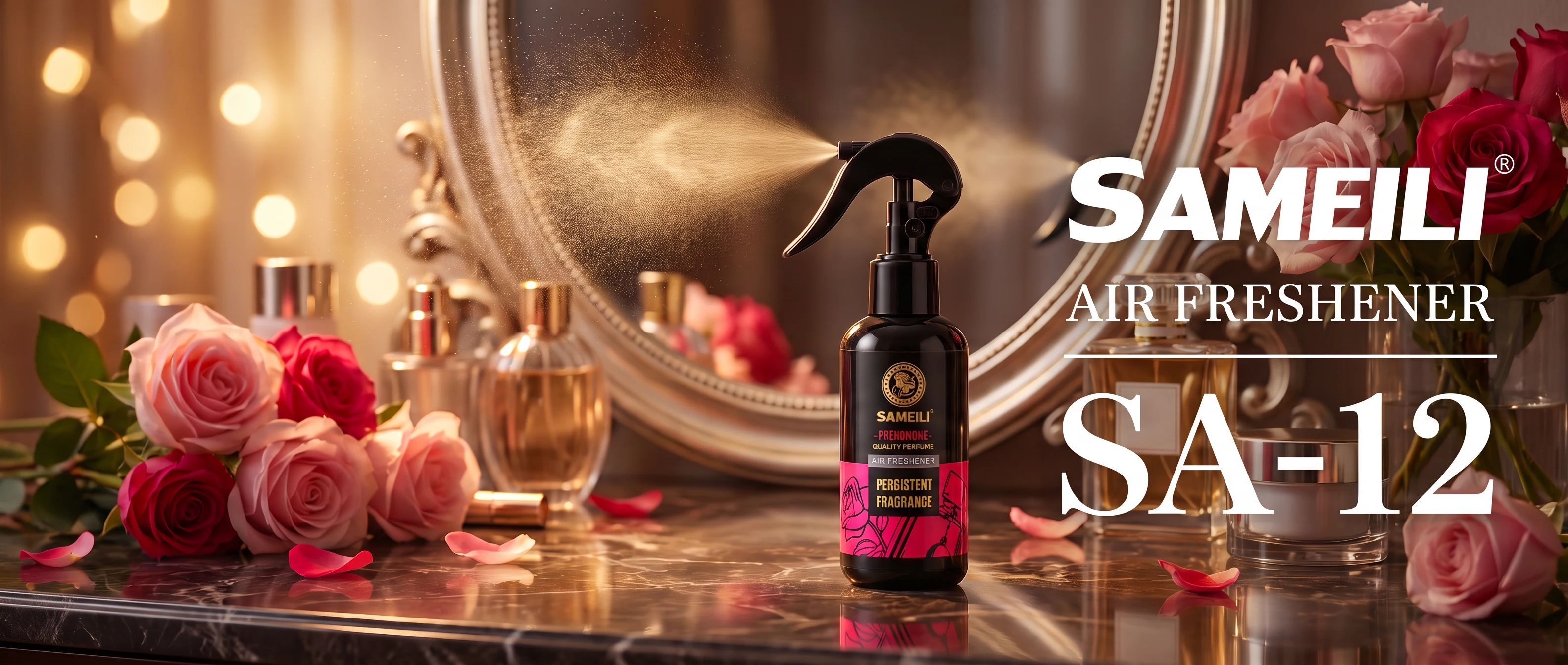 SAMEILI Air Freshener SA-12 — a fragrance spray on a marble dresser with roses and a mirror
