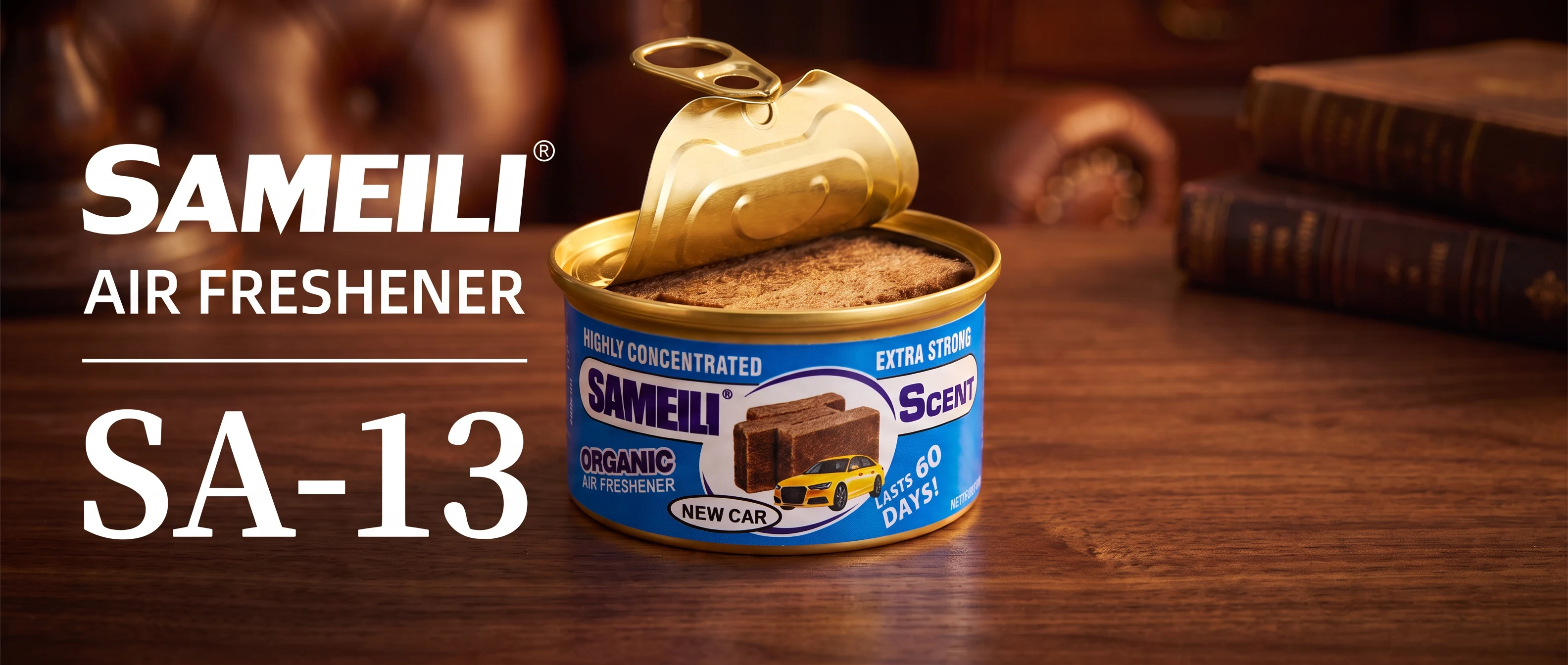 SAMEILI Air Freshener SA-13 — an Organic Air Freshener can in New Car on a wooden desk