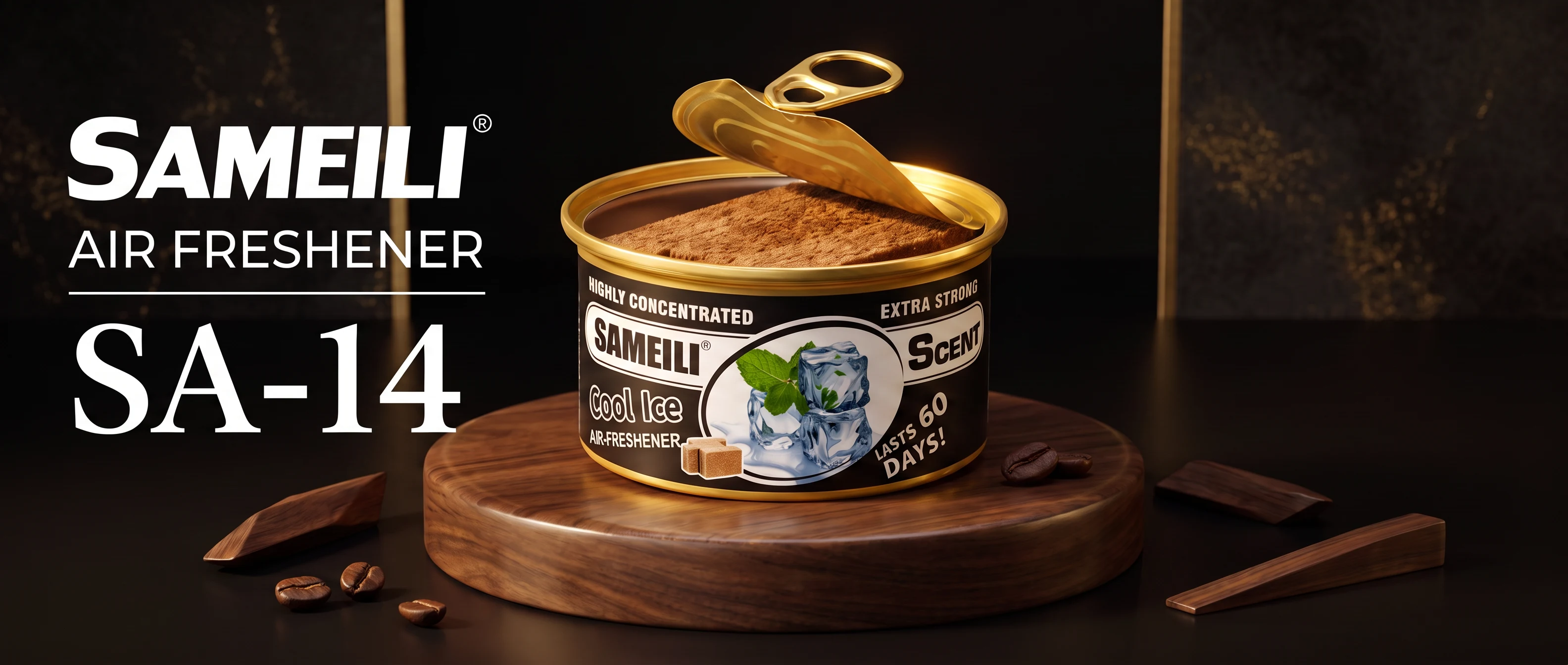 SAMEILI Air Freshener SA-14 — an Organic Air Freshener can in Cool Ice on a walnut board