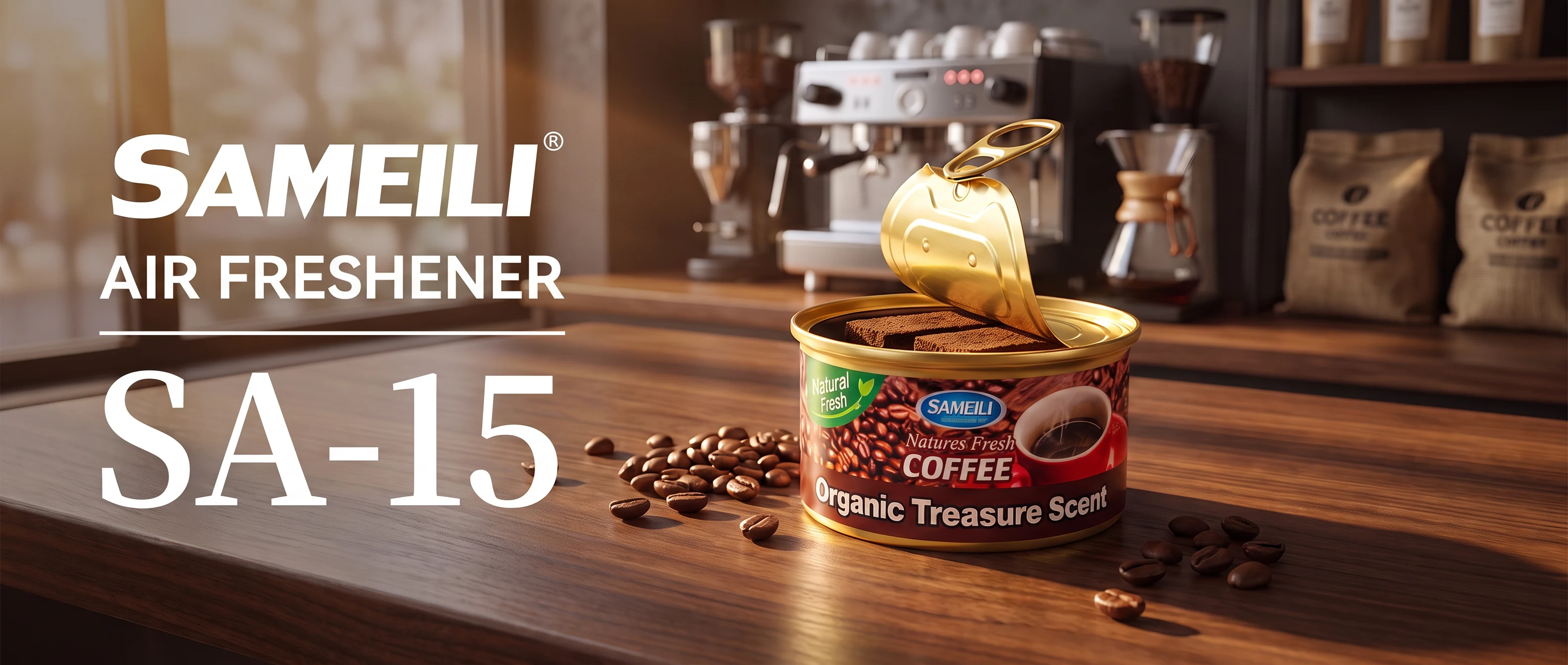 SAMEILI Air Freshener SA-15 — an Organic Air Freshener can in Coffee on a counter in a coffee bar