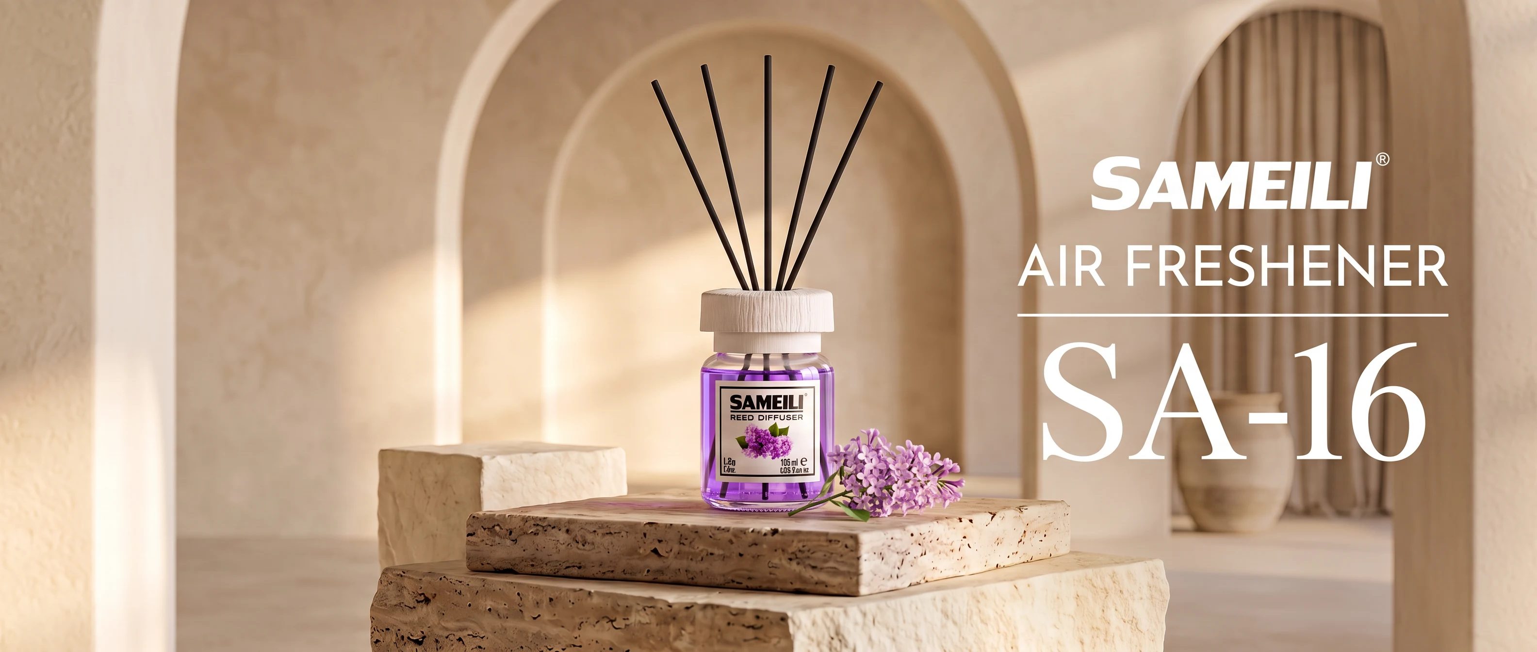 SAMEILI Air Freshener SA-16 — a Reed Diffuser in Lilac on travertine blocks in a pale arched room