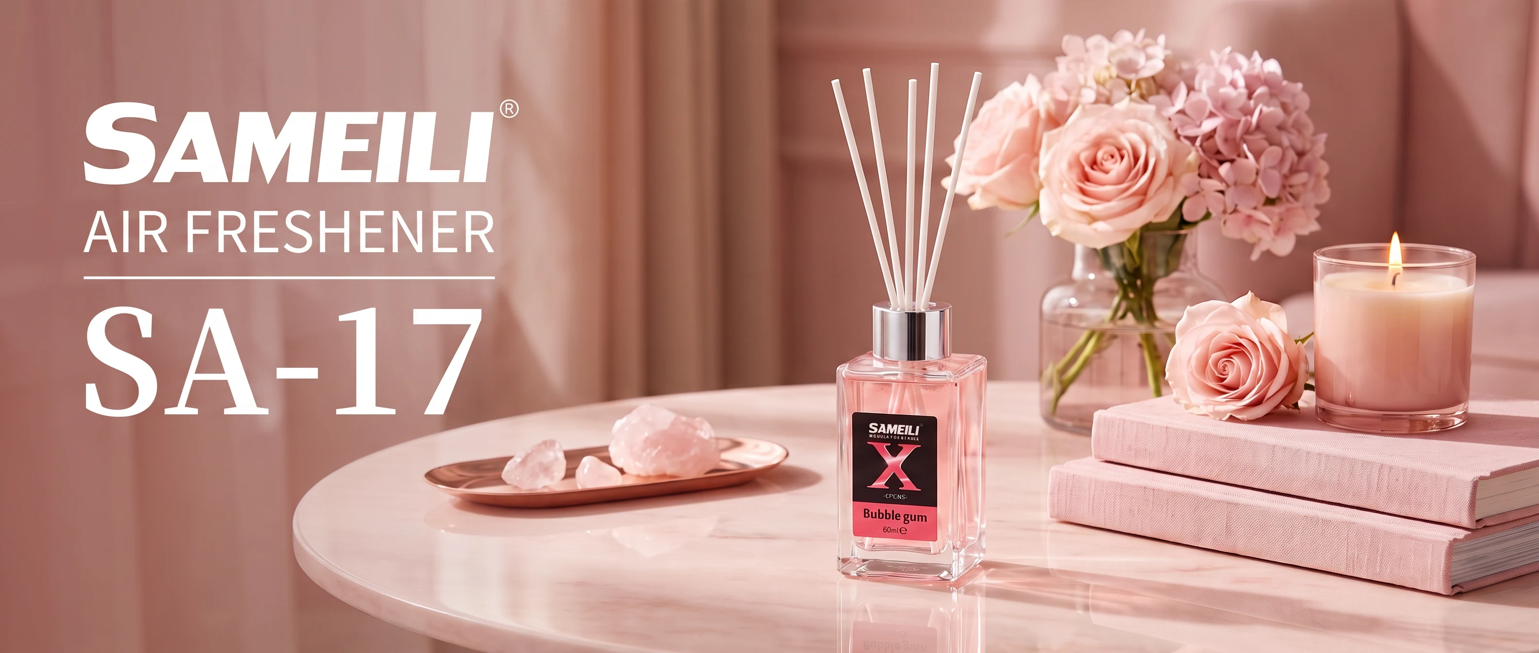 SAMEILI Air Freshener SA-17 — a Reed Diffuser in Bubble Gum on a pale table with roses and a candle