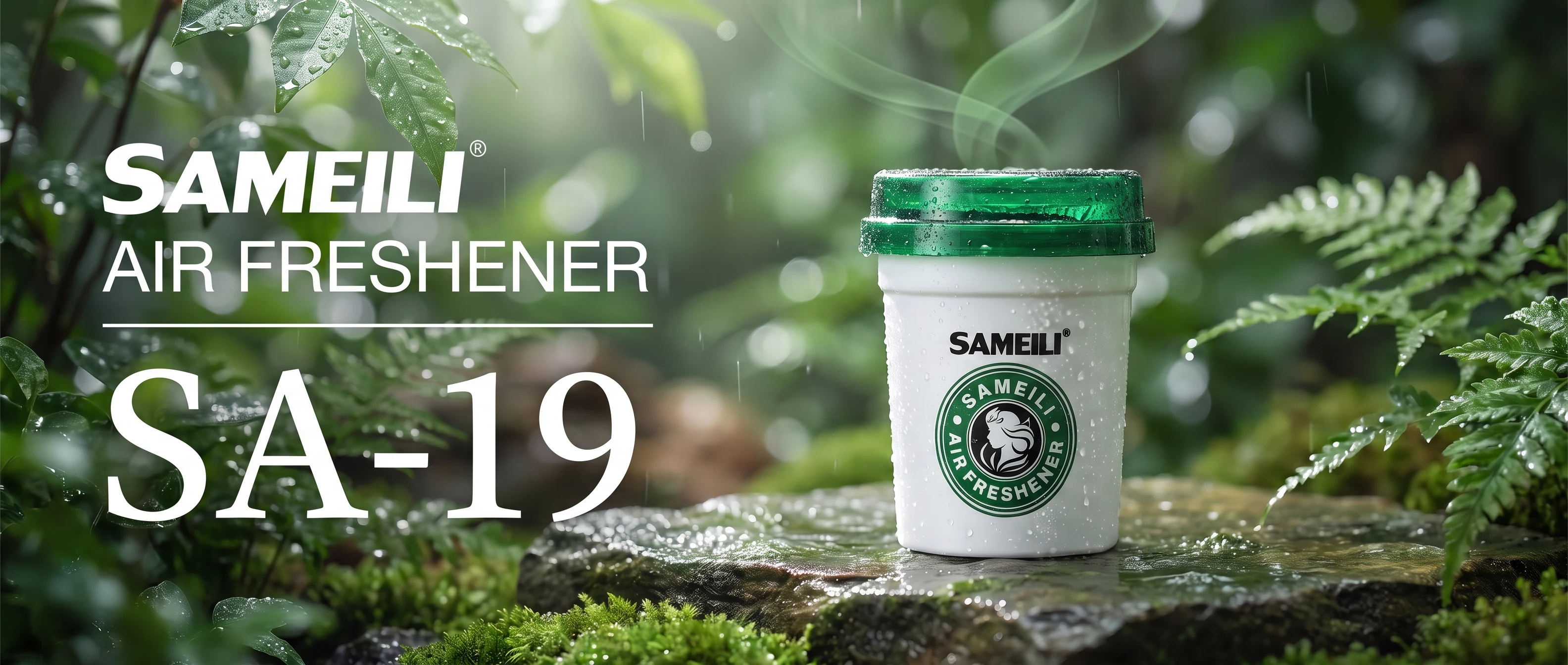 SAMEILI Air Freshener SA-19 — an air freshener tub on a mossy rock in wet foliage