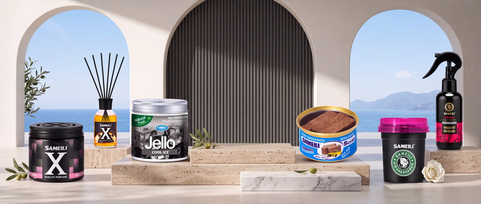 SAMEILI fragrance product range on stone plinths in a Mediterranean arched interior