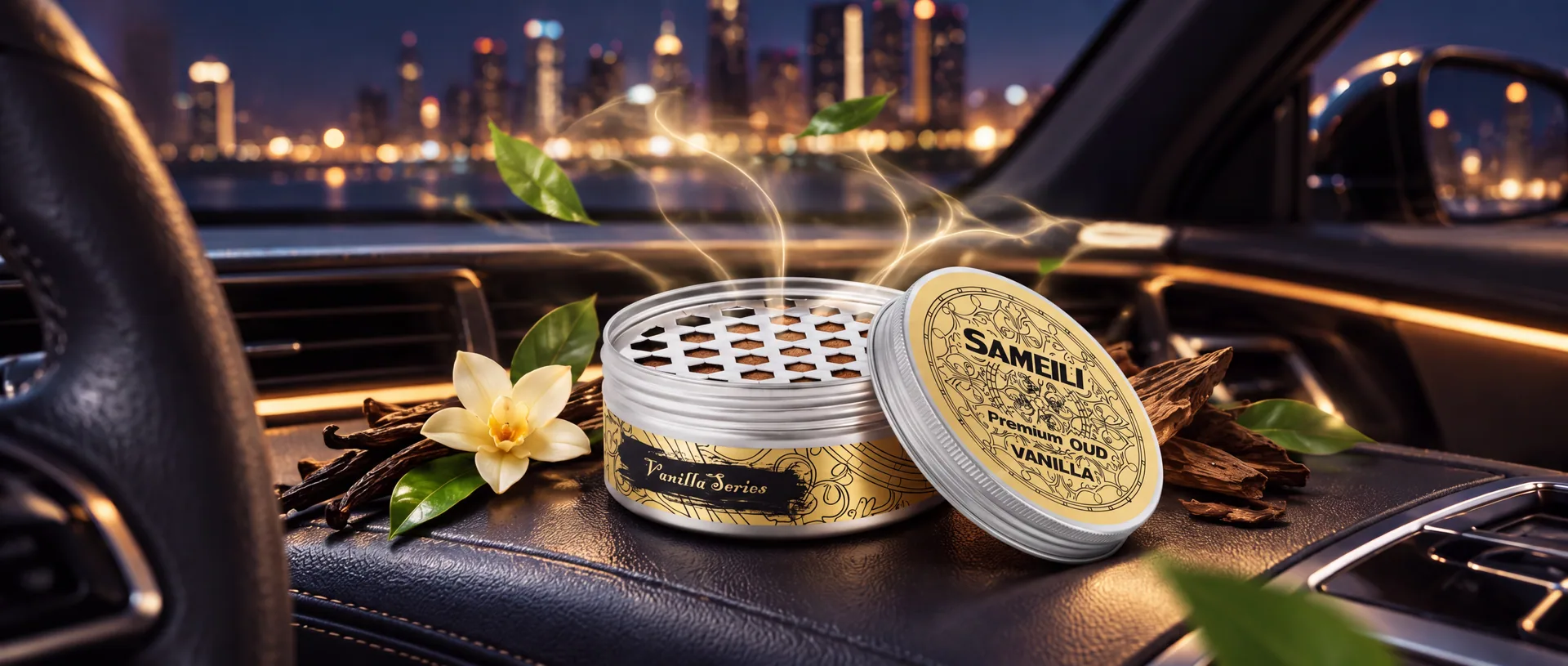 SAMEILI Vanilla Series car fragrance on a car dashboard at night with a city skyline behind