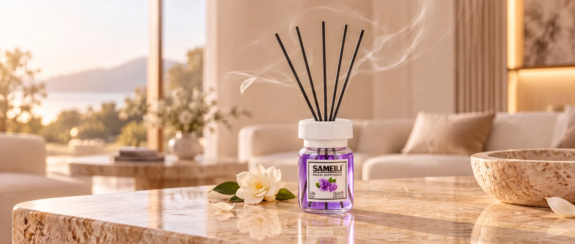 Carled's reed diffuser on a stone table in a sunlit living room