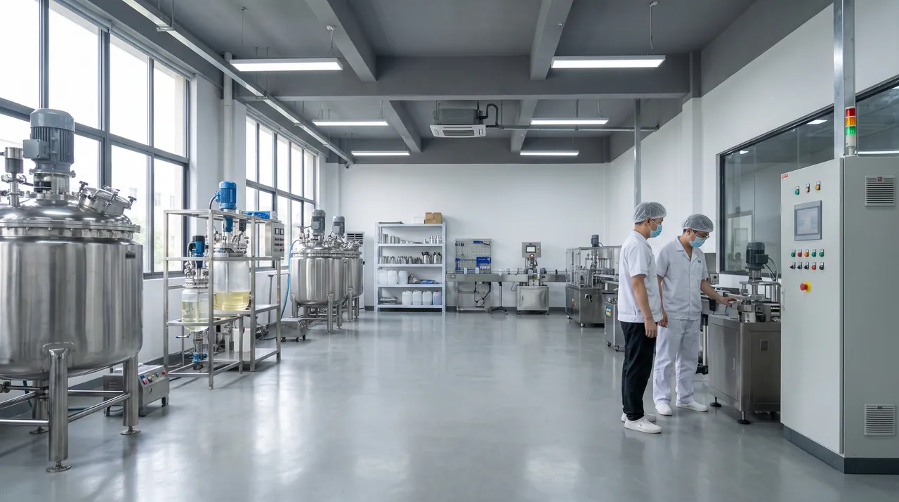 Stainless steel mixing tanks and filling equipment in a clean production room