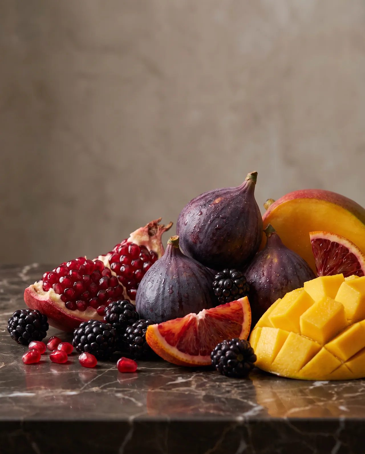 Figs, pomegranate, blood orange and mango on dark marble