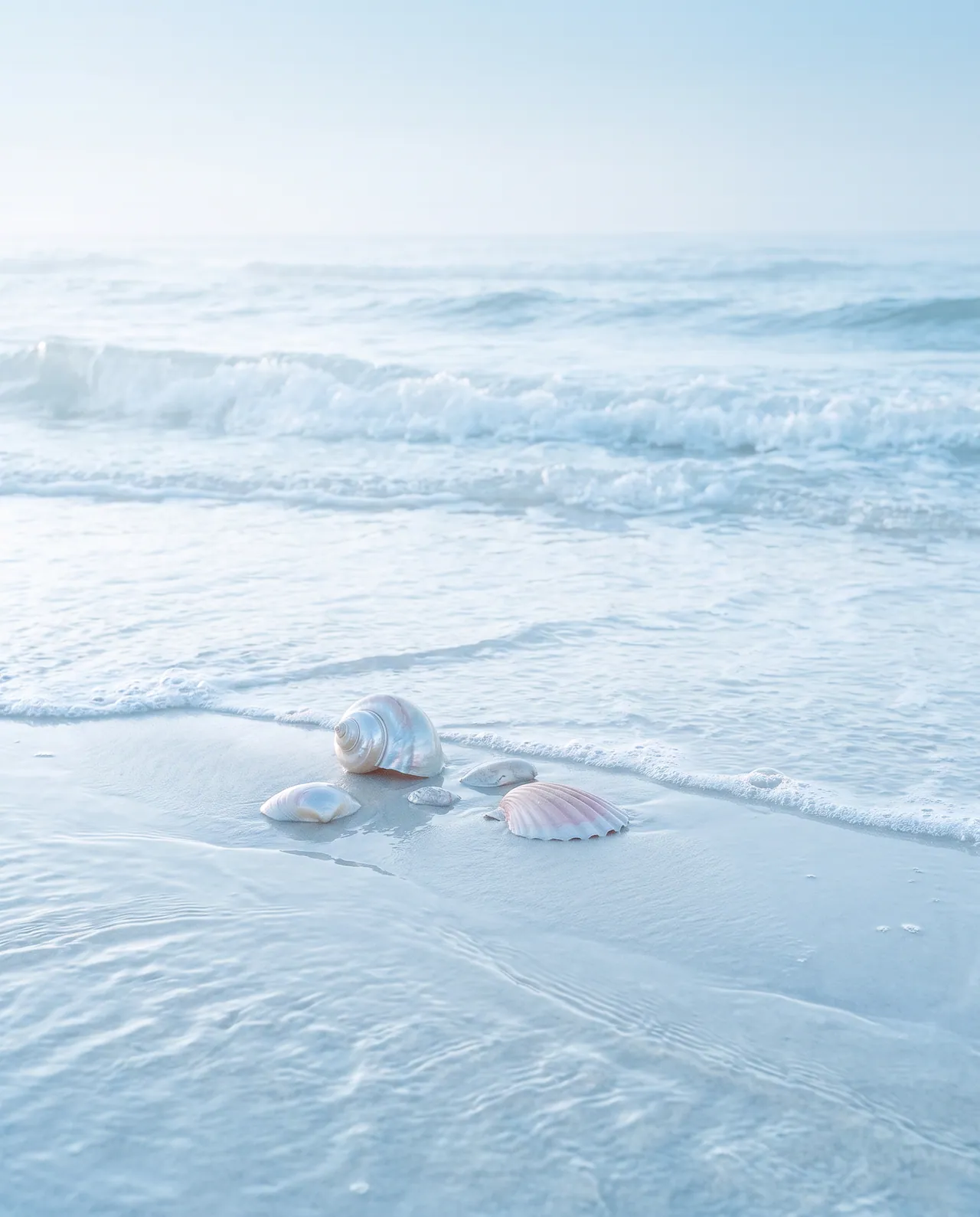 Seashells at the edge of a soft blue shoreline