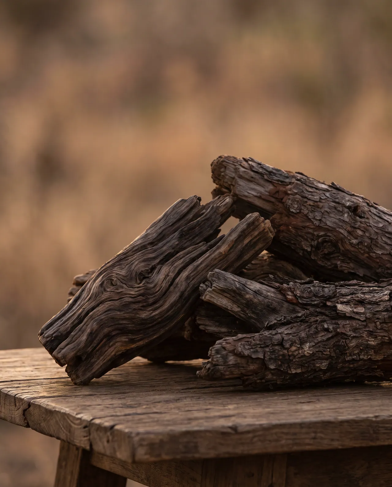 Weathered aromatic wood resting on an old table