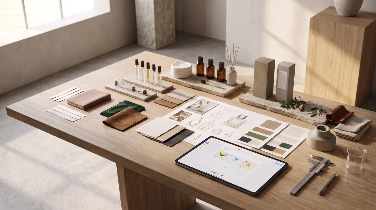 A design table laid out with fragrance samples, material swatches, packaging mock-ups and sketches