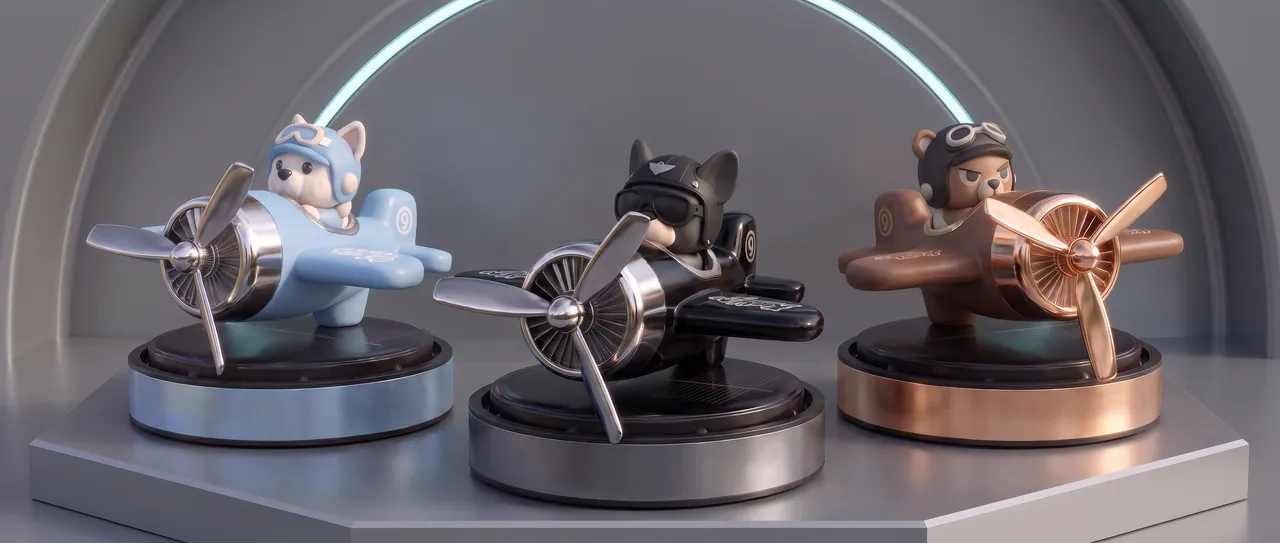 Three solar-powered aroma ornaments shaped as pilot figures in propeller planes